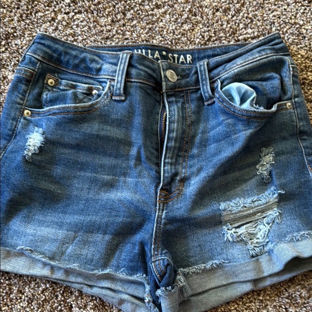 Blue Distressed Denim Shorts by Vanilla Star